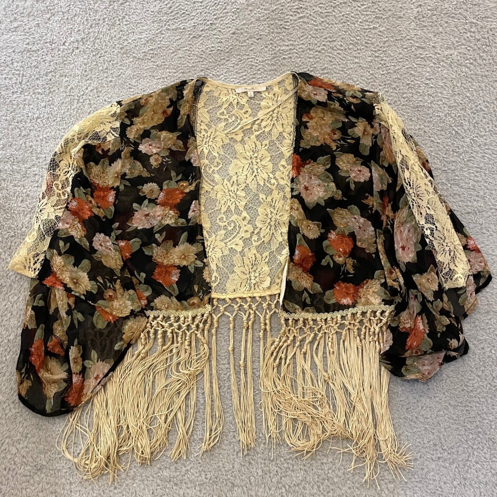 Miss Me Floral Lace Fringe Kimono Cardigan Women Large Black Cropped Boho Sheer